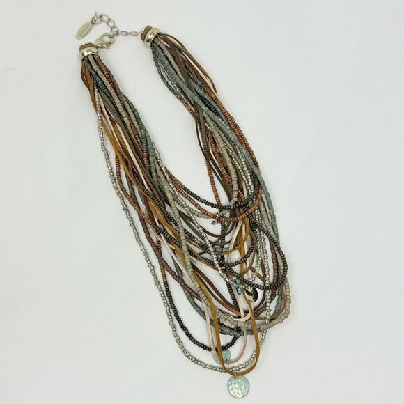Chico's SERENA Brown Green Wood Bead Leather Multi Strand Boho Charm Necklace - Picture 4 of 16